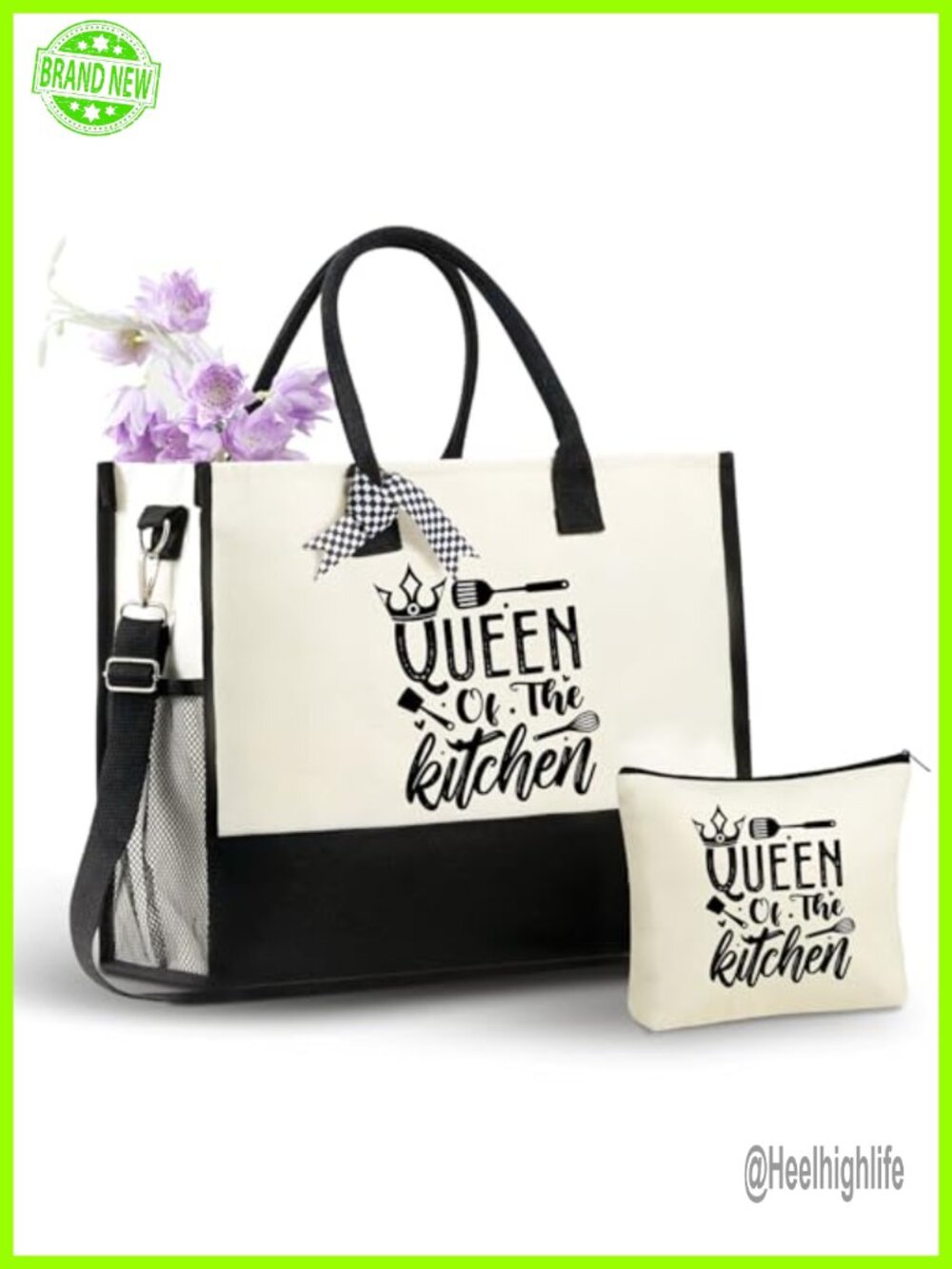 Queen of The Kitchen Canvas Tote Bag with Top Zipper and Shoulder Strap